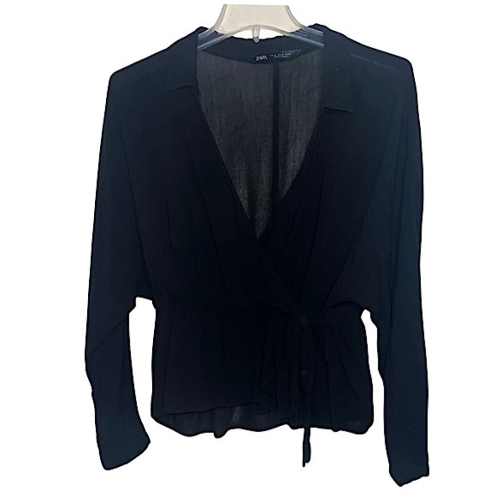 Zara Black Deep V Faux Wrap Shirt with Tie Size Medium
